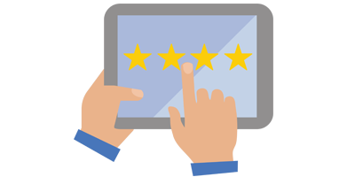 Hands holding tablet with 4 stars.